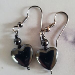 Hematite heart and tiny bead earrings